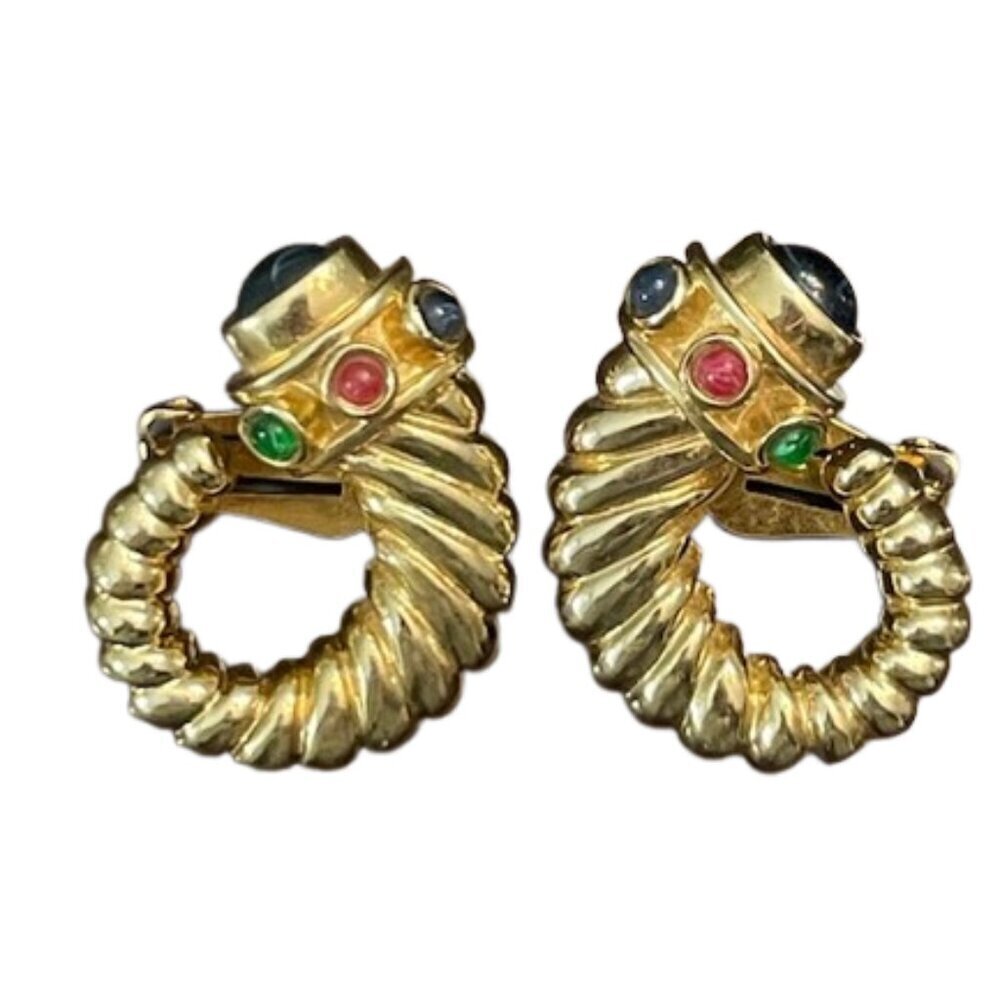 Vintage Glass Cabochon Rams Horn Gold Tone Mogul Style Clip On Earrings - Picture 1 of 4